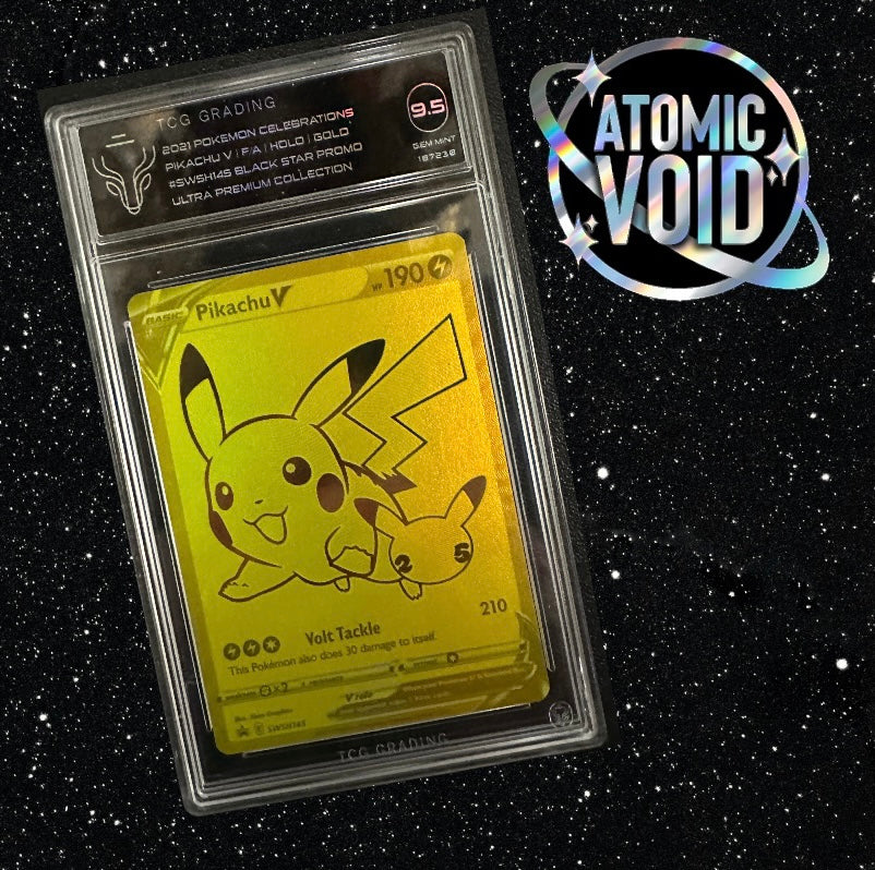 Celebrations Gold Pikachu Black Star Promo Full Holo SWSH145 TCG 9.5 – Atomic Void