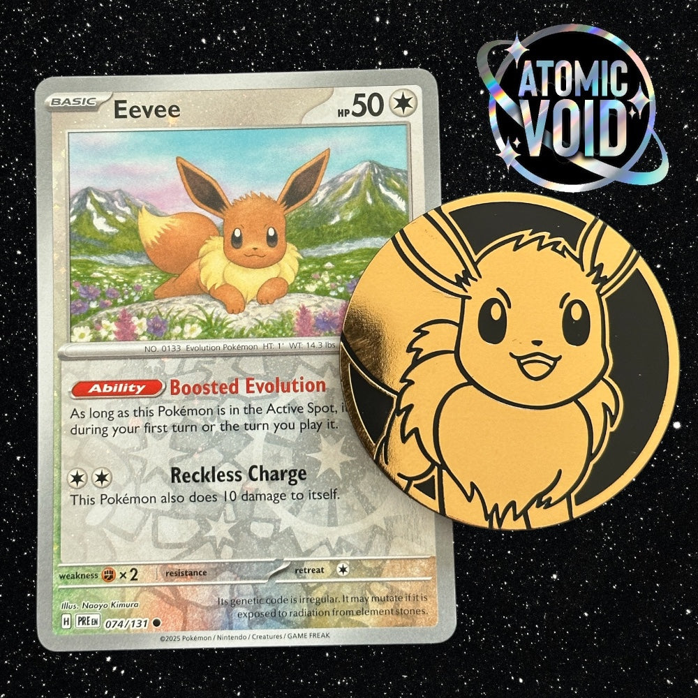 Eevee Prismatic Evolutions Pokémon Day Promo Card - RH 074/131 with Eevee Coin